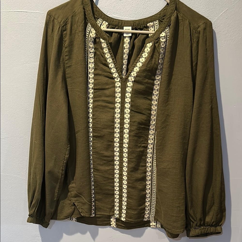 Olive Green Top with ivory embroidery.